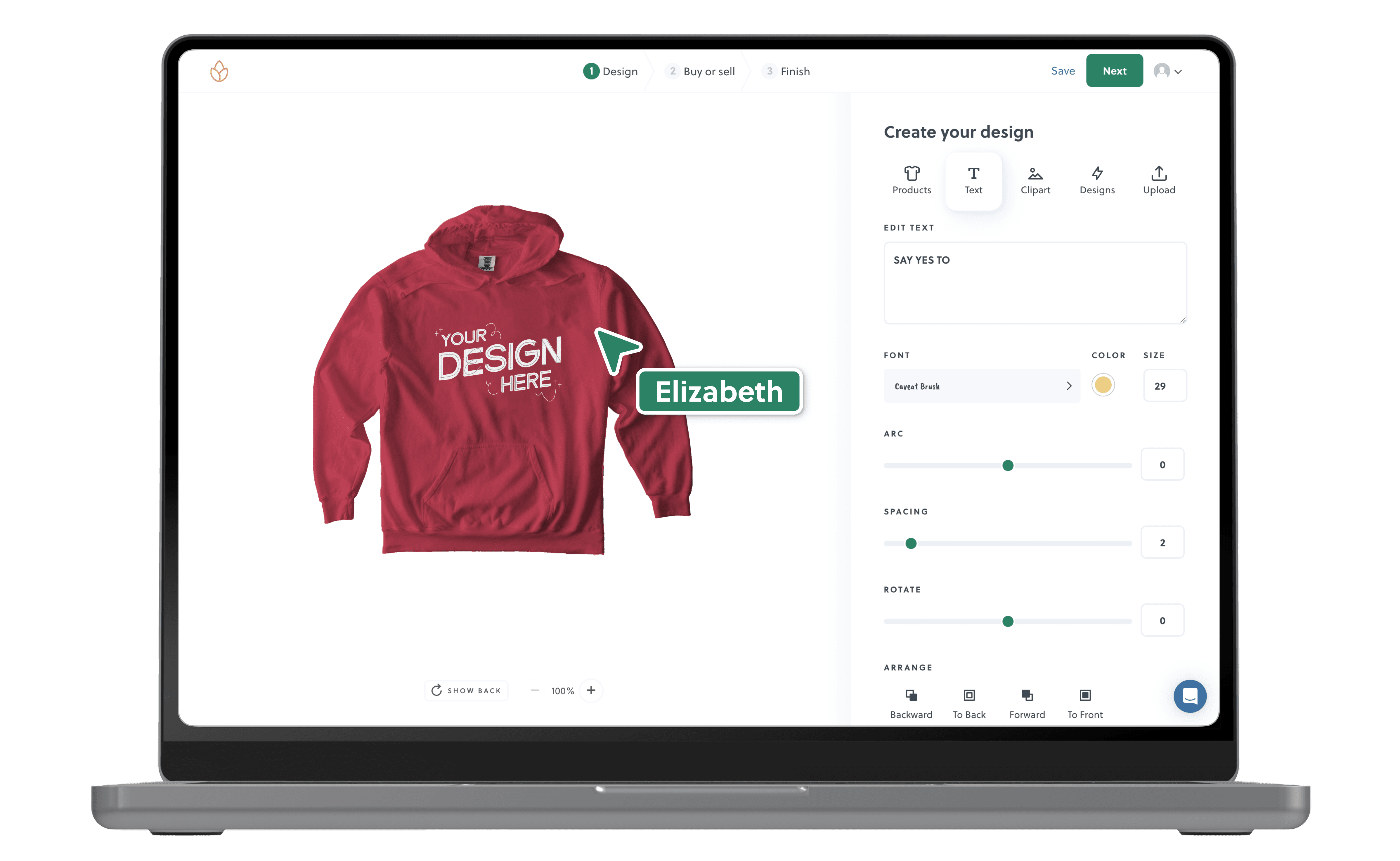 Personalised hoodie design on laptop screen. User can customize color and add text. Design tool shows options for creating custom apparel.