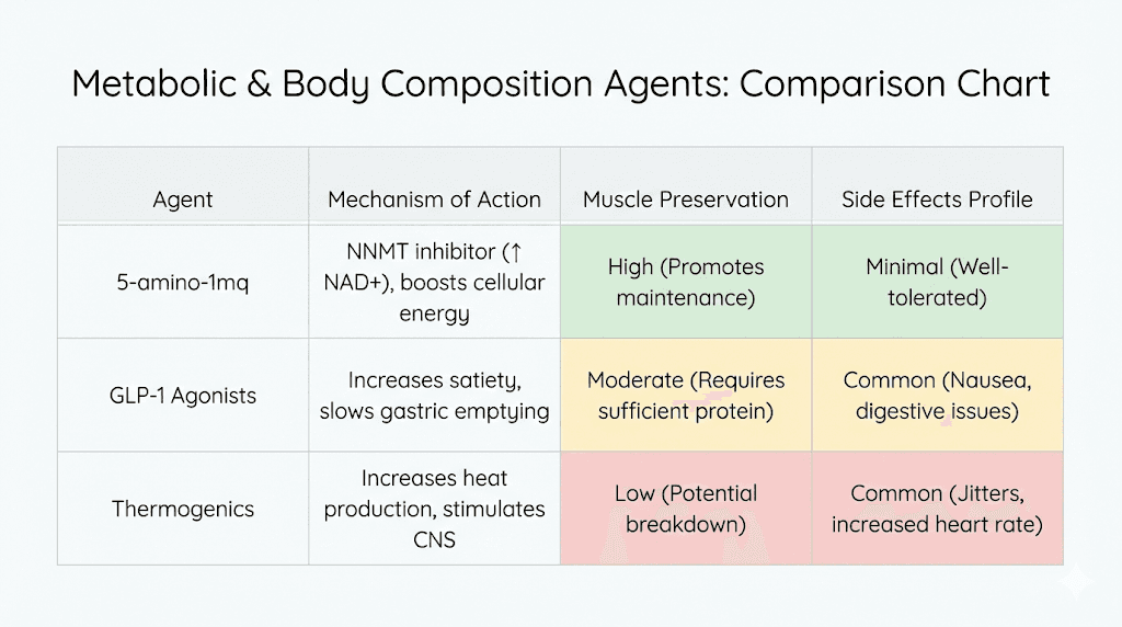 5-amino-1mq comparison chart versus GLP-1 peptides and thermogenics for fat loss