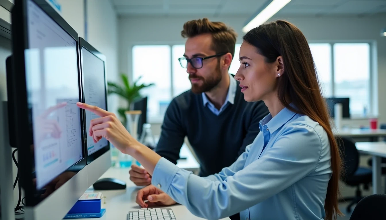 A man and woman looking at a screen in a clinical environment. The woman is pointing at the screen. 