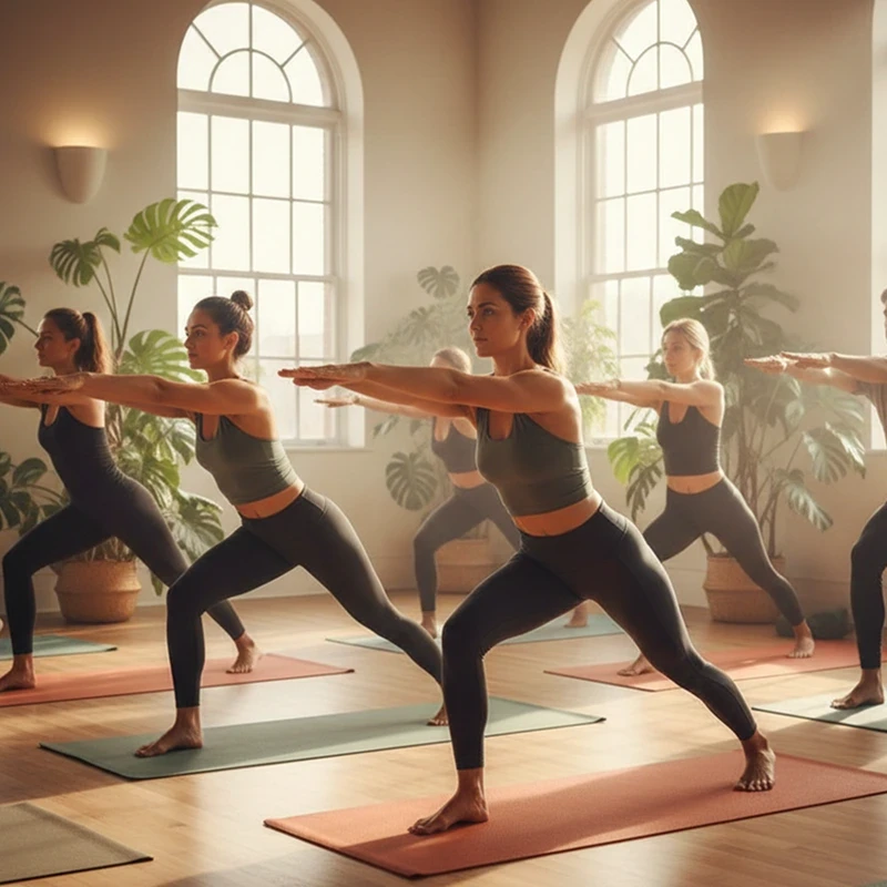 serene and focused yoga practitioner performing a balanced, graceful pose in a bright, modern studio. The soft natural light and clean lines emphasize a sense of flow, strength, and mindful movement.