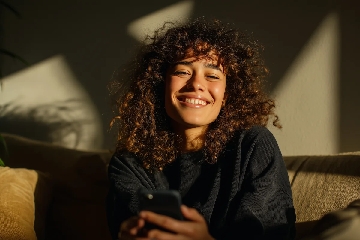 A woman smiling with her phone in her hand