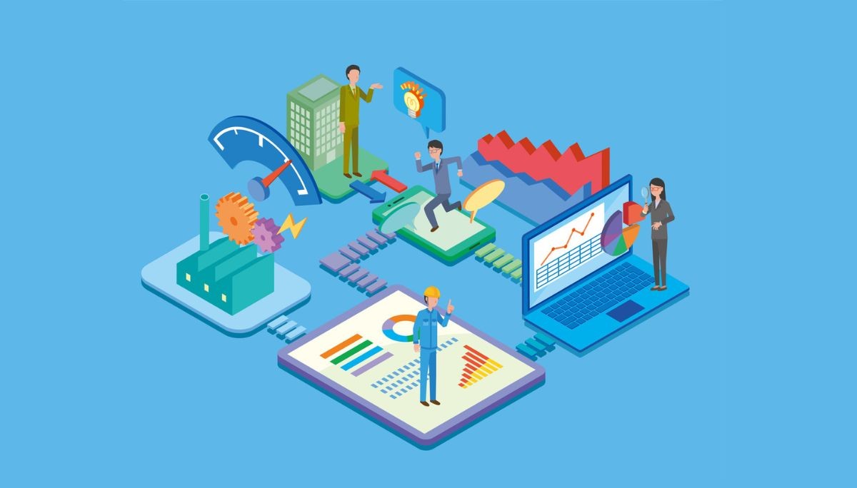 Illustration of people analyzing charts, factory systems, mobile tech, and data dashboards, symbolizing the wide range of modern career fields and how to evaluate them.