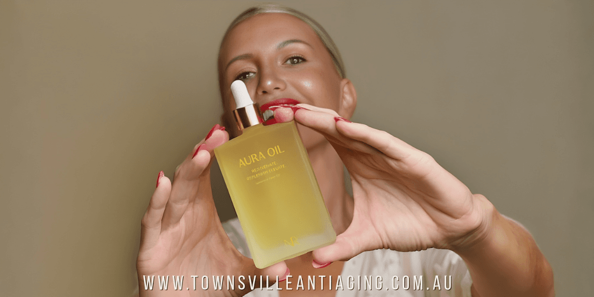 Nicole Shir showcasing Aura Oil, a luxurious organic skincare product promoting hydration and simplicity.