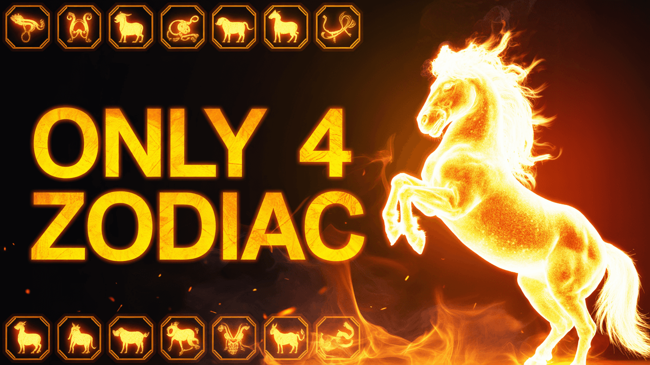 Fiery horse beside Only 4 Zodiac headline with glowing zodiac icons around the frame