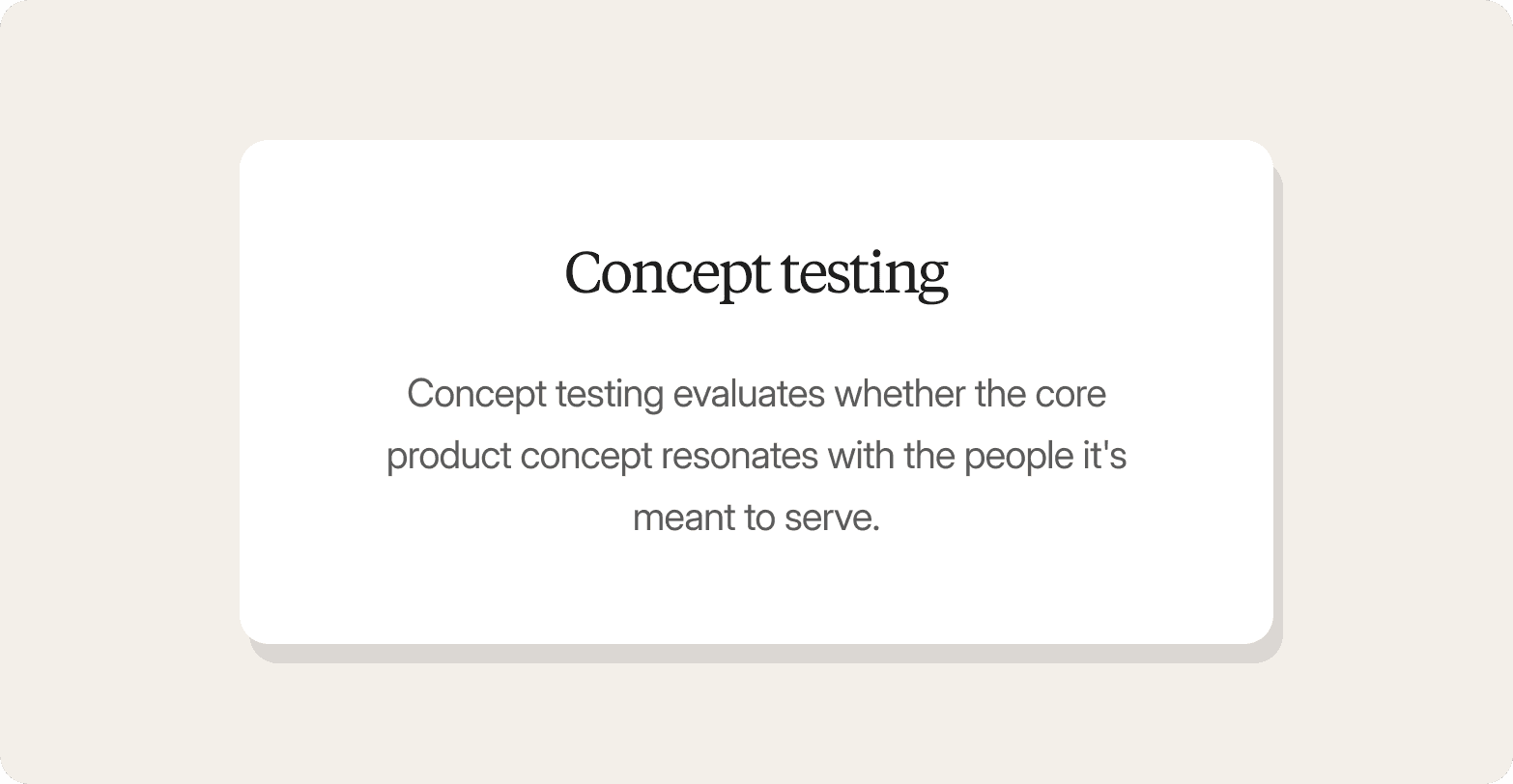 Definition card for "Concept testing" describing it as a method that evaluates whether a core product concept resonates with the people it is meant to serve