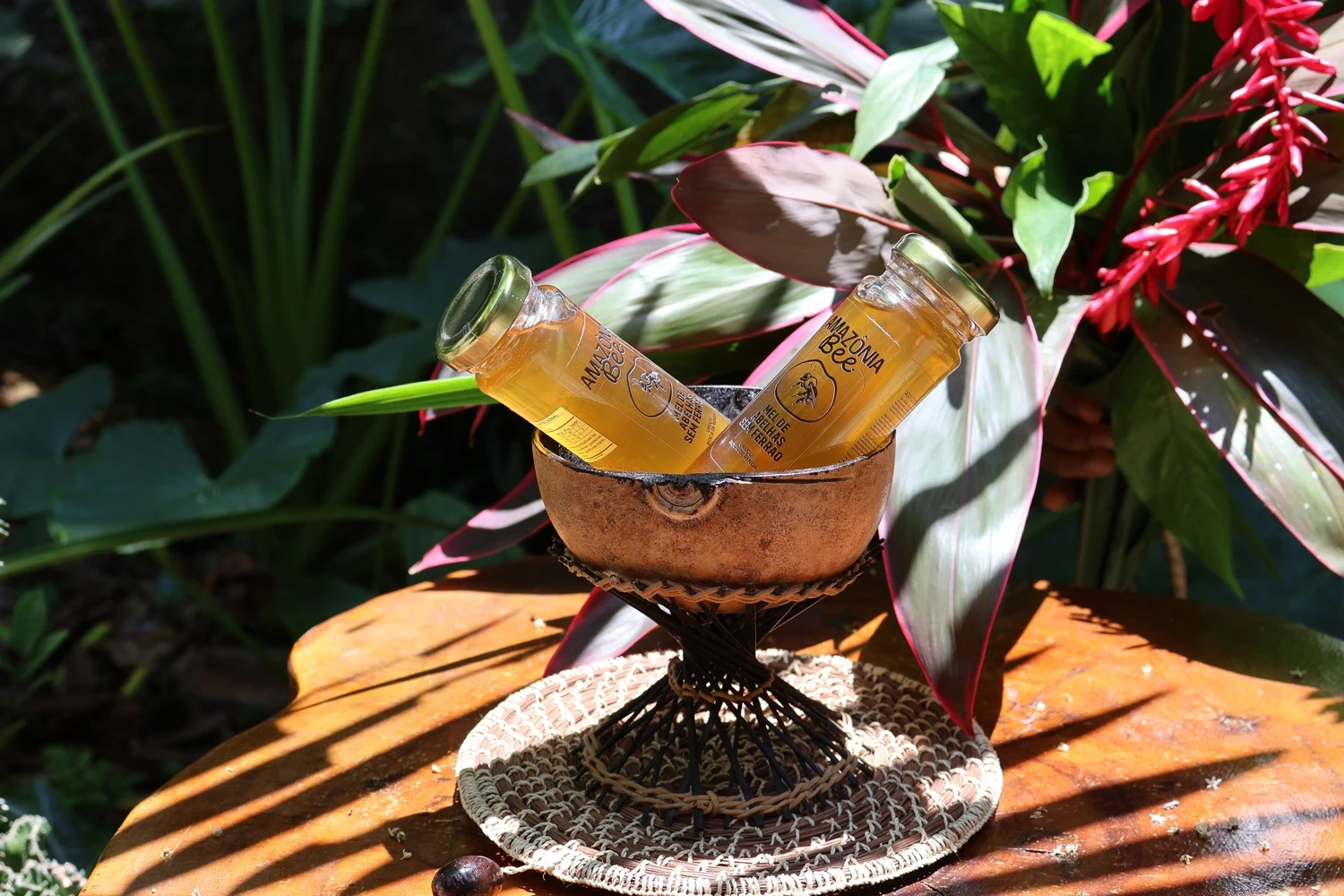 Garrafas de mel de abelha sem ferrão sobre uma mesa de madeira em fundo de natureza.
