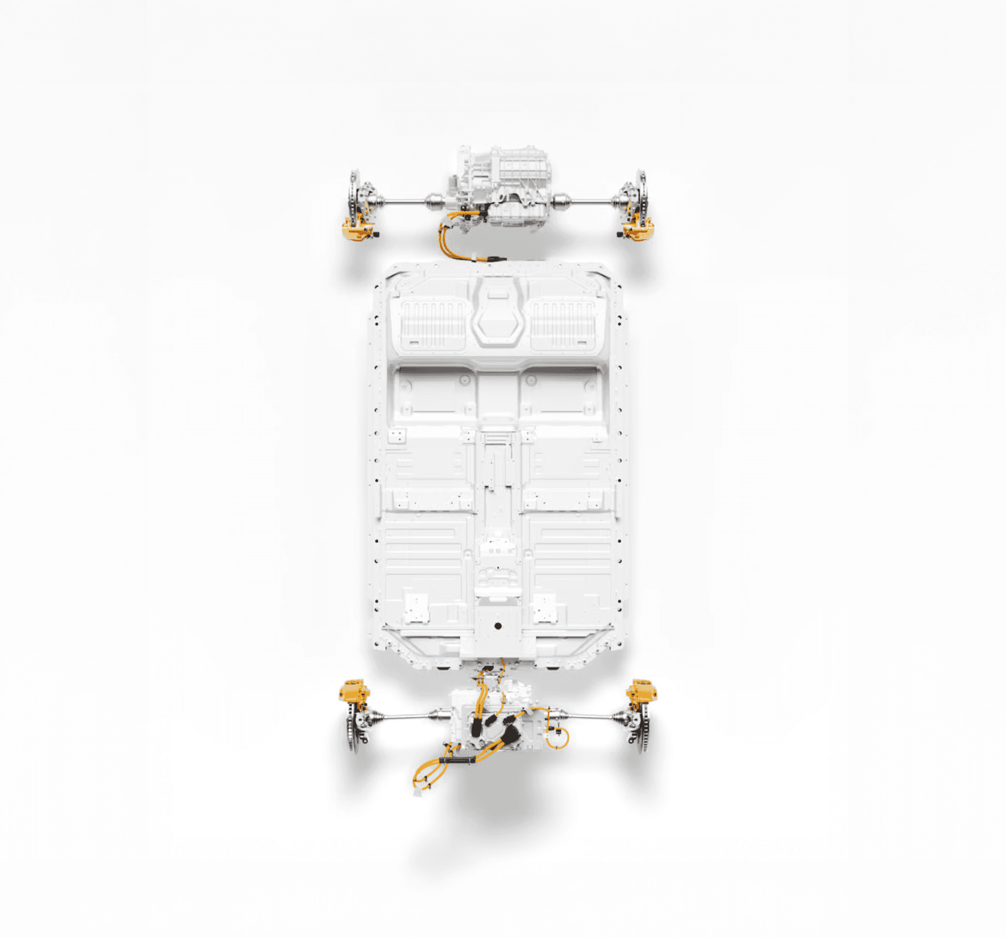 Plateforme électrique de la Polestar 5 vue de dessus avec batterie centrale et groupes motopropulseurs avant et arrière
