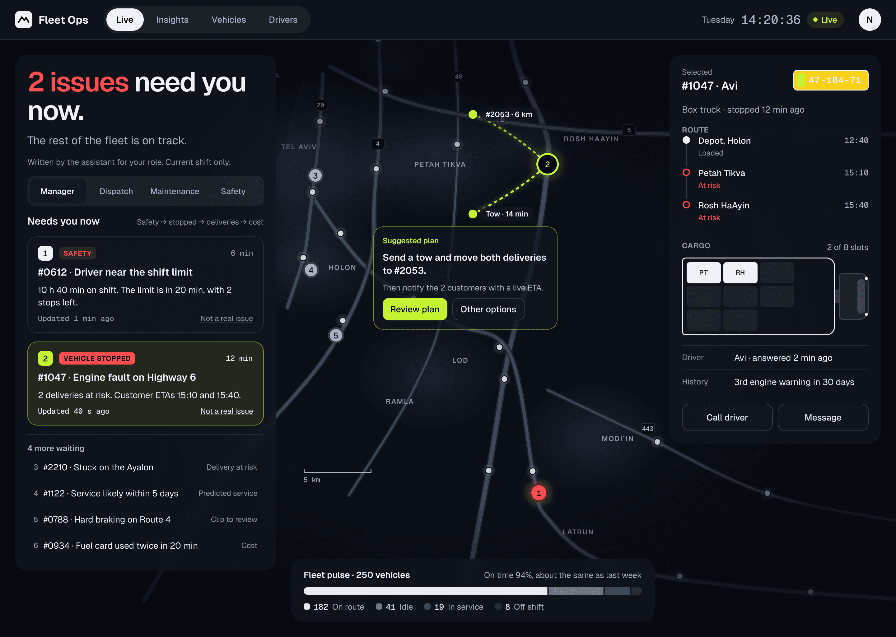Reworked Fleet Ops live map with one ranked queue, a real map of central Israel and a selected vehicle panel.