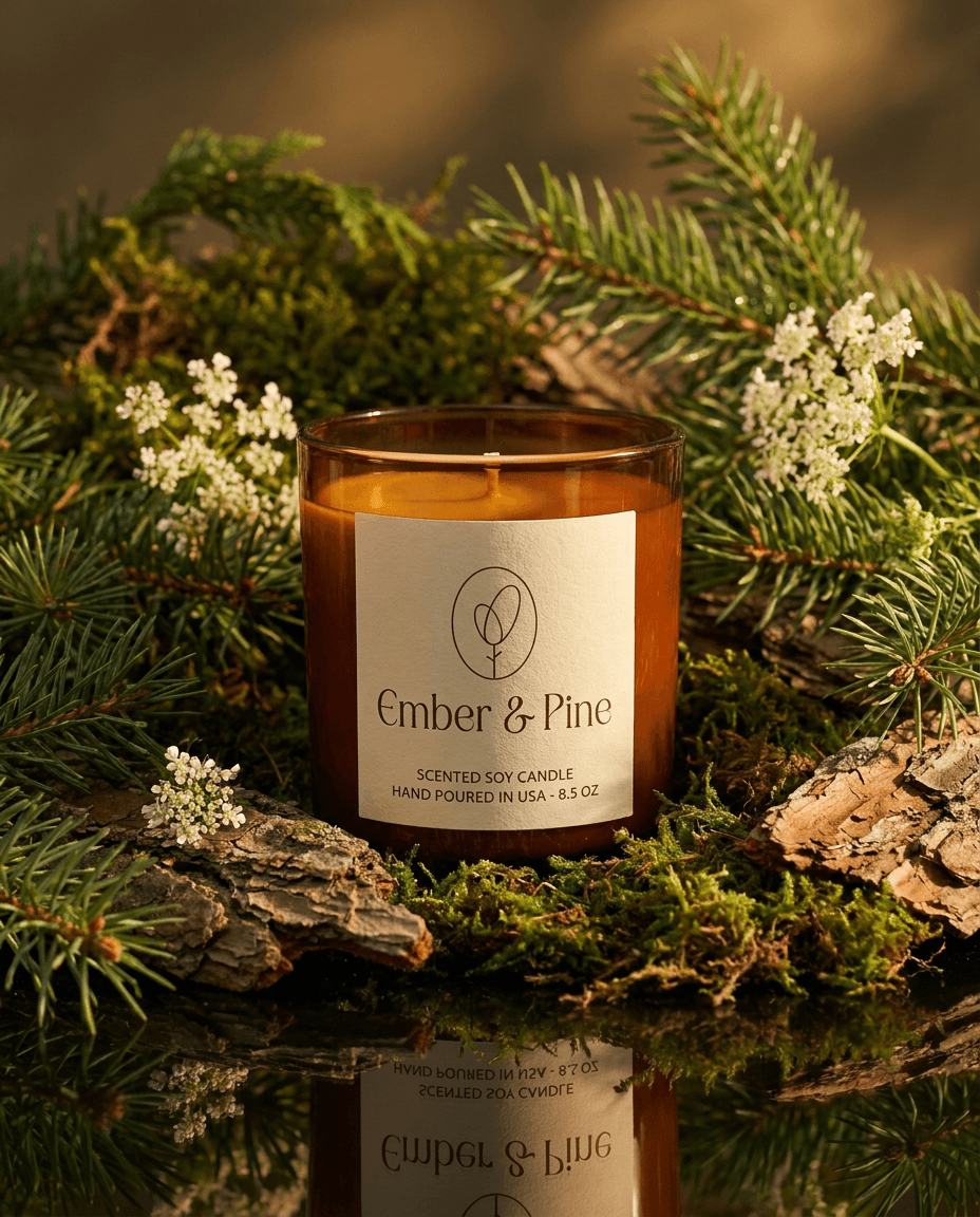 Ember & Pine green glass scented soy candle styled in a moss and pine forest setting — handmade candle brand identity by Visual Mess Studio