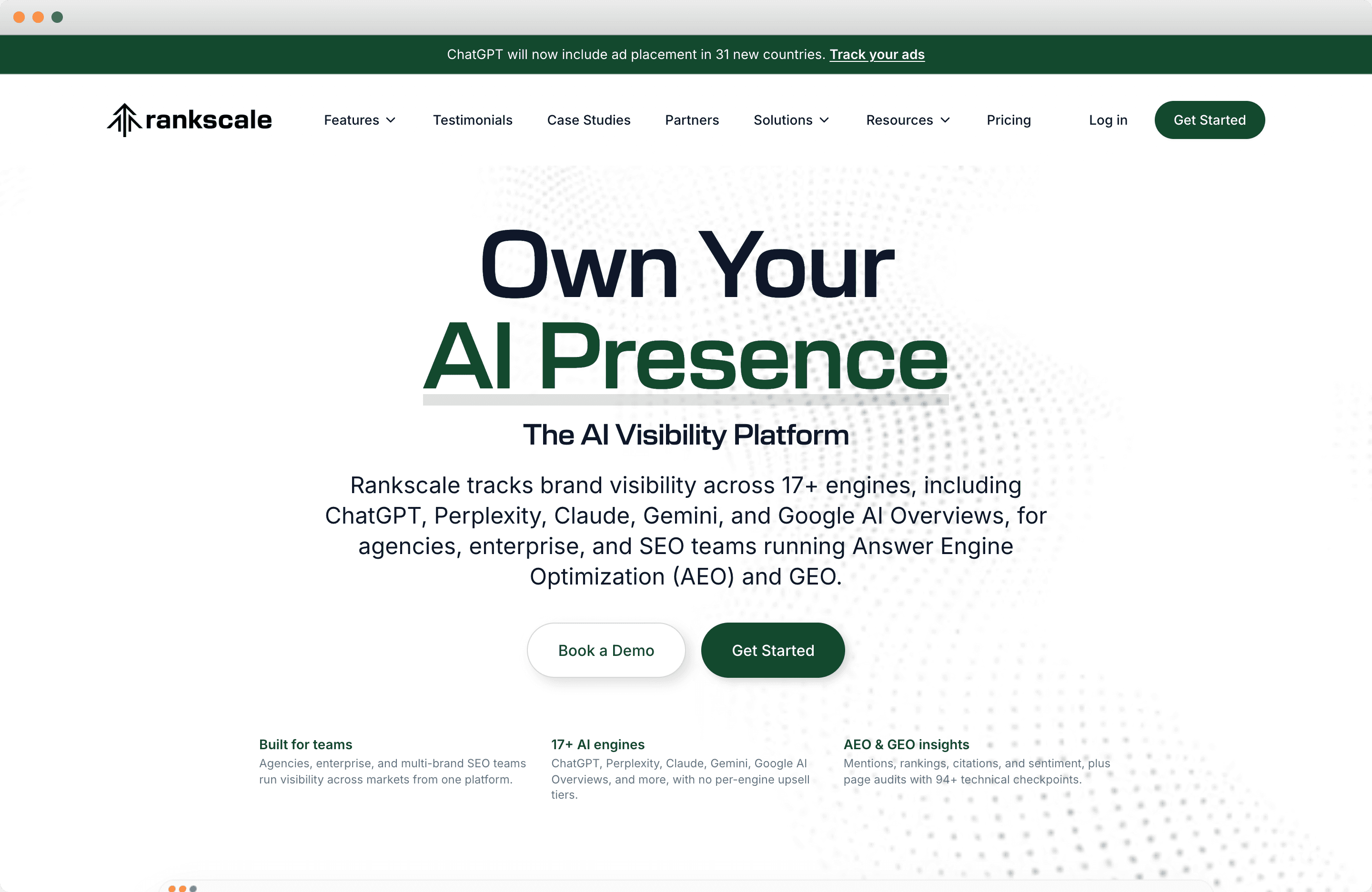 Rankscale homepage showing AI search visibility tracking across engines and regions