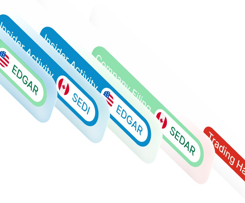 ACCREDITEX Activity Feed showing EDGAR SEDI and SEDAR filing sources in a unified timeline