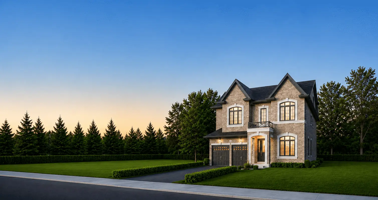New infill home at Rosebank Road Pickering — stone facade custom build by Highglen Homes in established neighbourhood