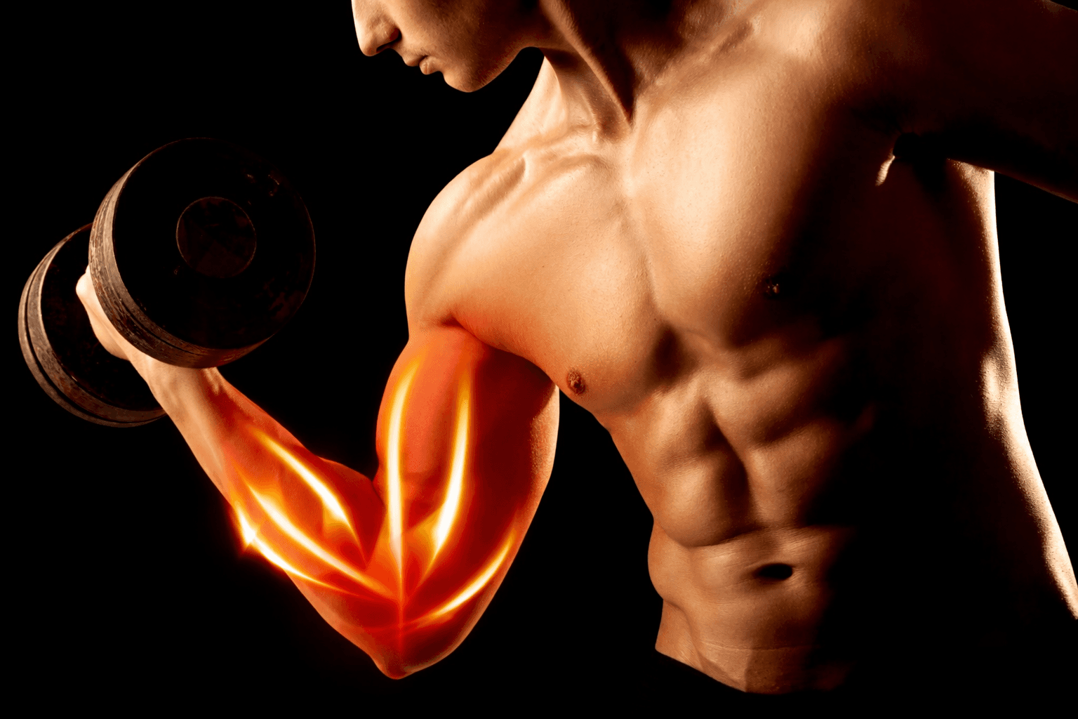 Muscular man lifting a dumbbell with glowing highlighted bicep against a black background