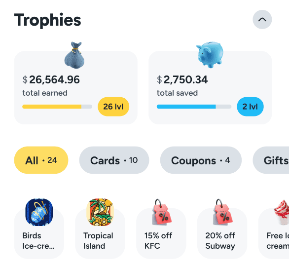Qubi app trophies dashboard showing total rewards, levels, and surprise bonuses like coupons and gifts from brands.