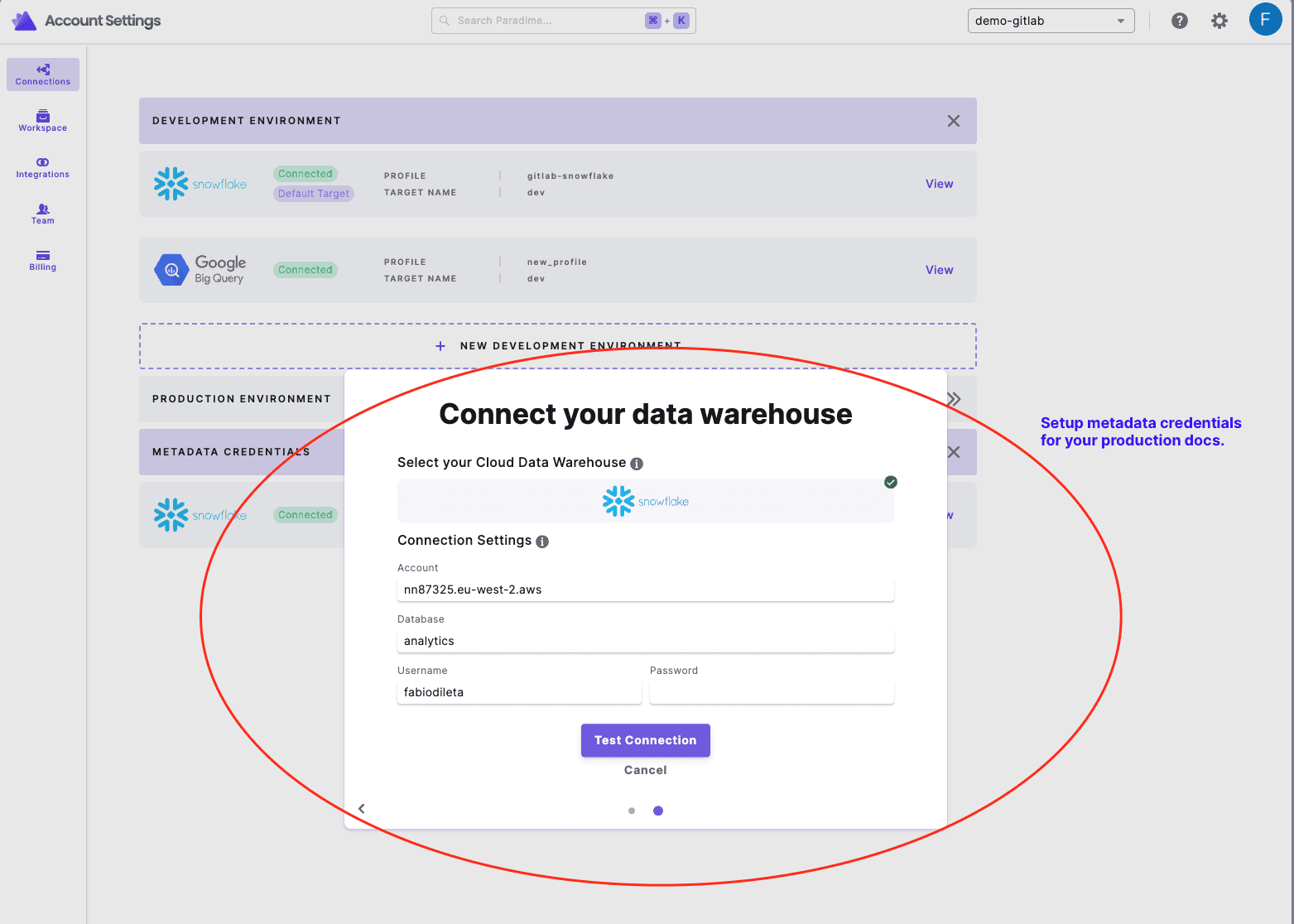 Paradime docs - Metadata credentials settings