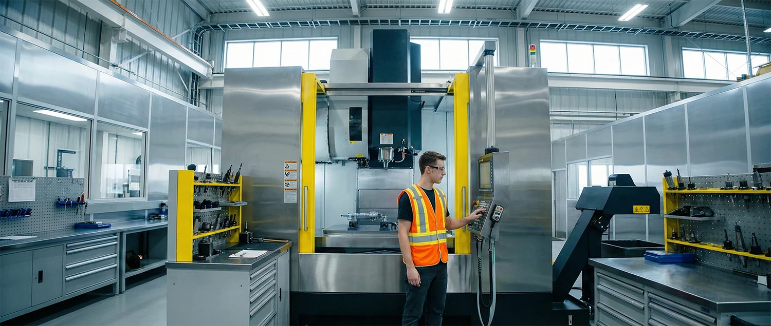 Precision manufacturing engineer working with high-tech CNC machinery in a Colorado industrial facility.