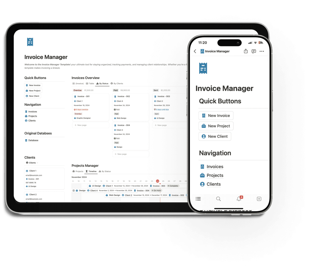 all-in-one Invoice Manager template! Designed for freelancers, businesses, or anyone managing multiple clients and projects, it’s your go-to solution for keeping invoices, projects, and client details organized.