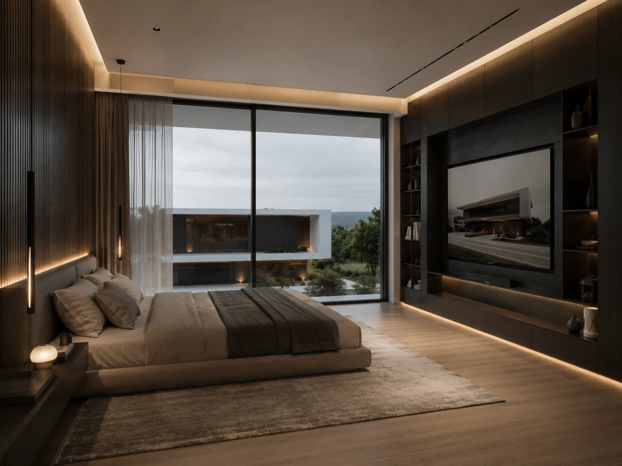 Quarto moderno com cama de casal, televisão embutida, iluminação indireta e ampla janela com vista para a área externa da casa.