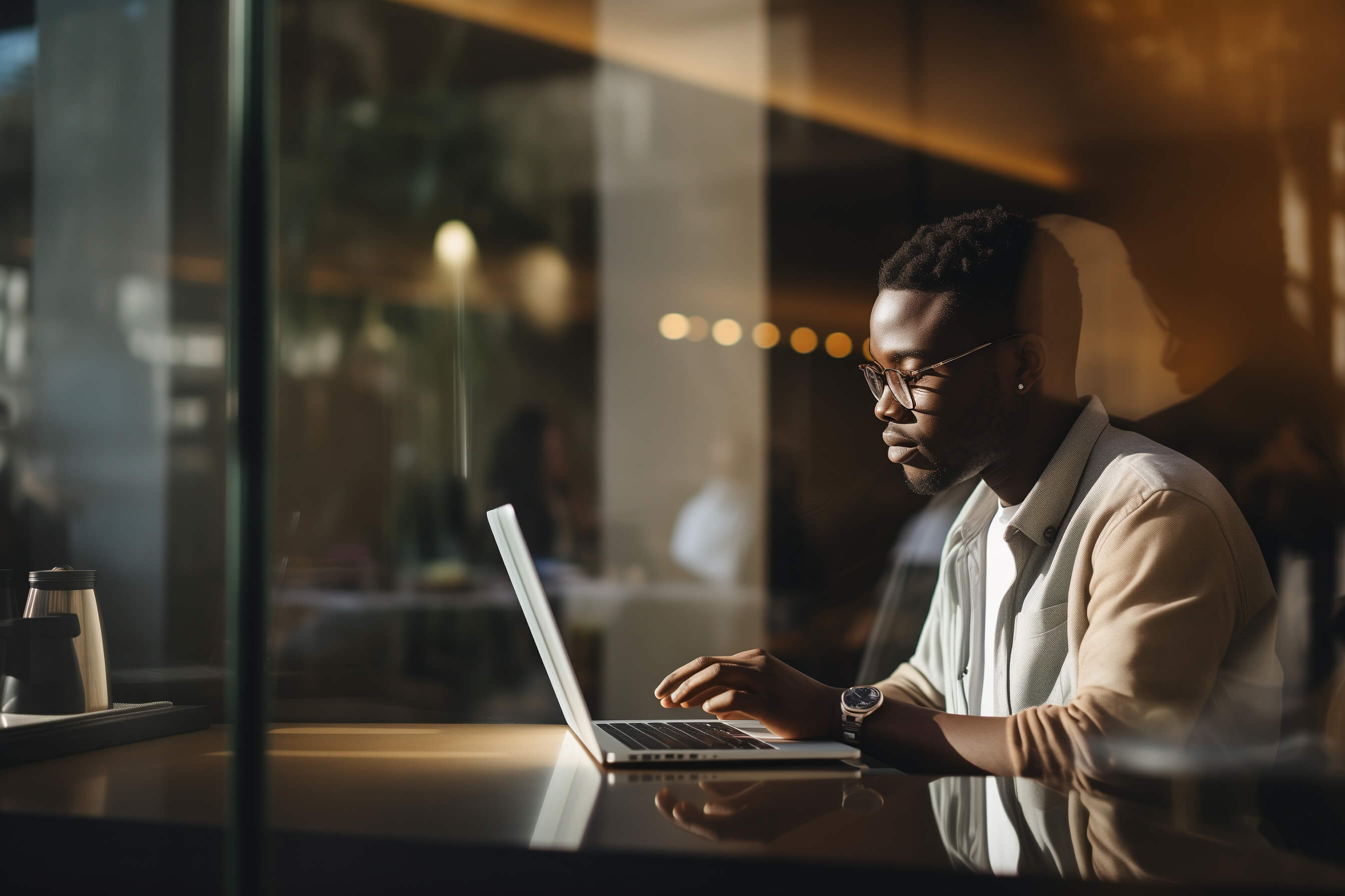 Young make working on his laptop