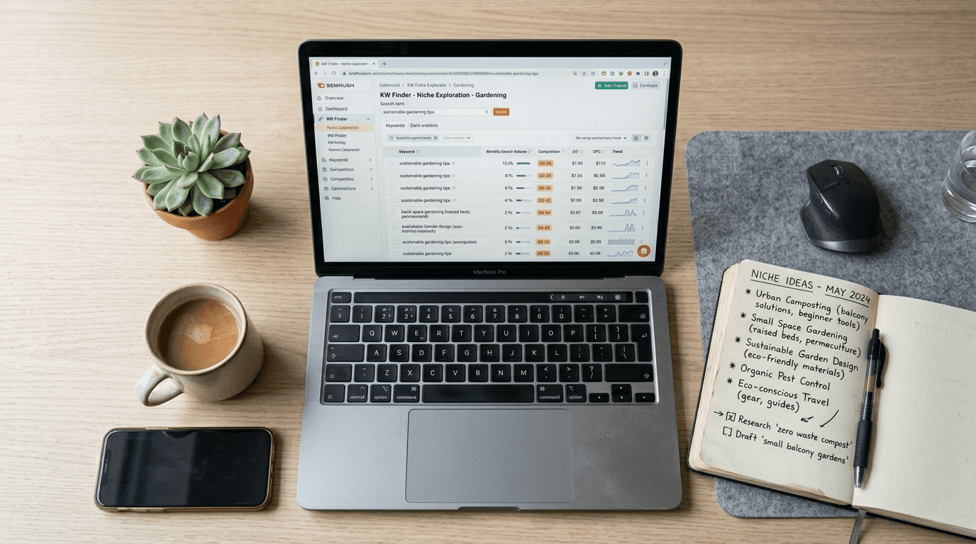 Etsy niche research process showing keyword tools and search data on screen