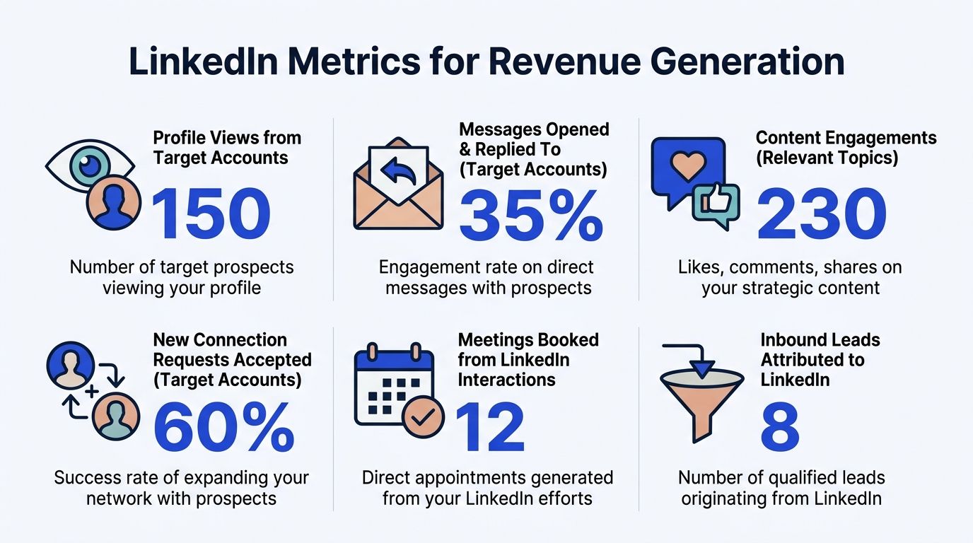 An infographic showing six key LinkedIn metrics for measuring revenue generation performance and business growth.