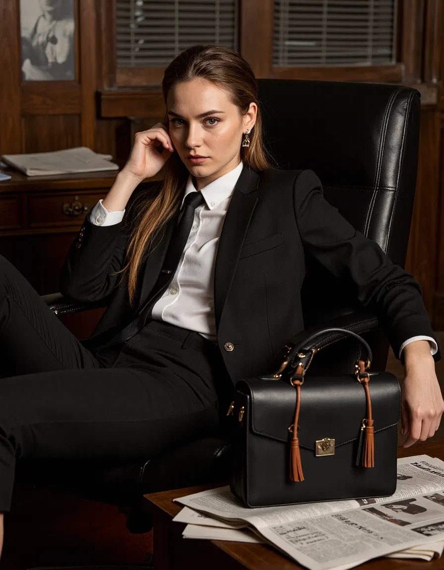 Professional woman in black suit seated in leather office chair with briefcase in elegant wood-paneled office setting