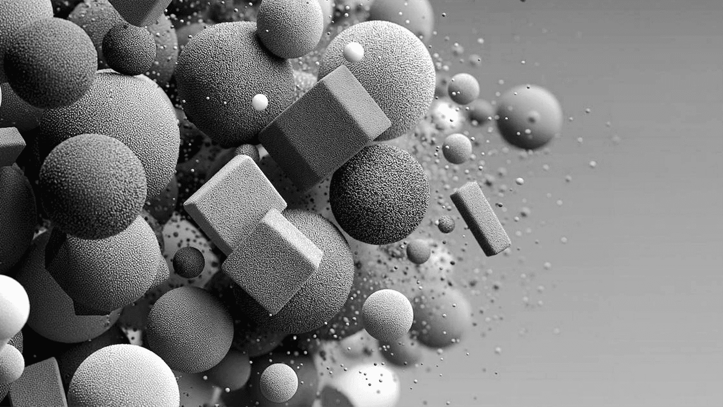 Abstract 3D composition of floating spheres and cubes in monochrome tones with soft lighting.