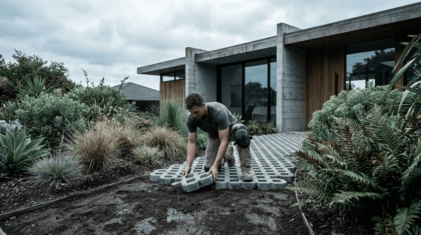 Construction worker laying pavers in a well designed backyard with beautiful landscaping