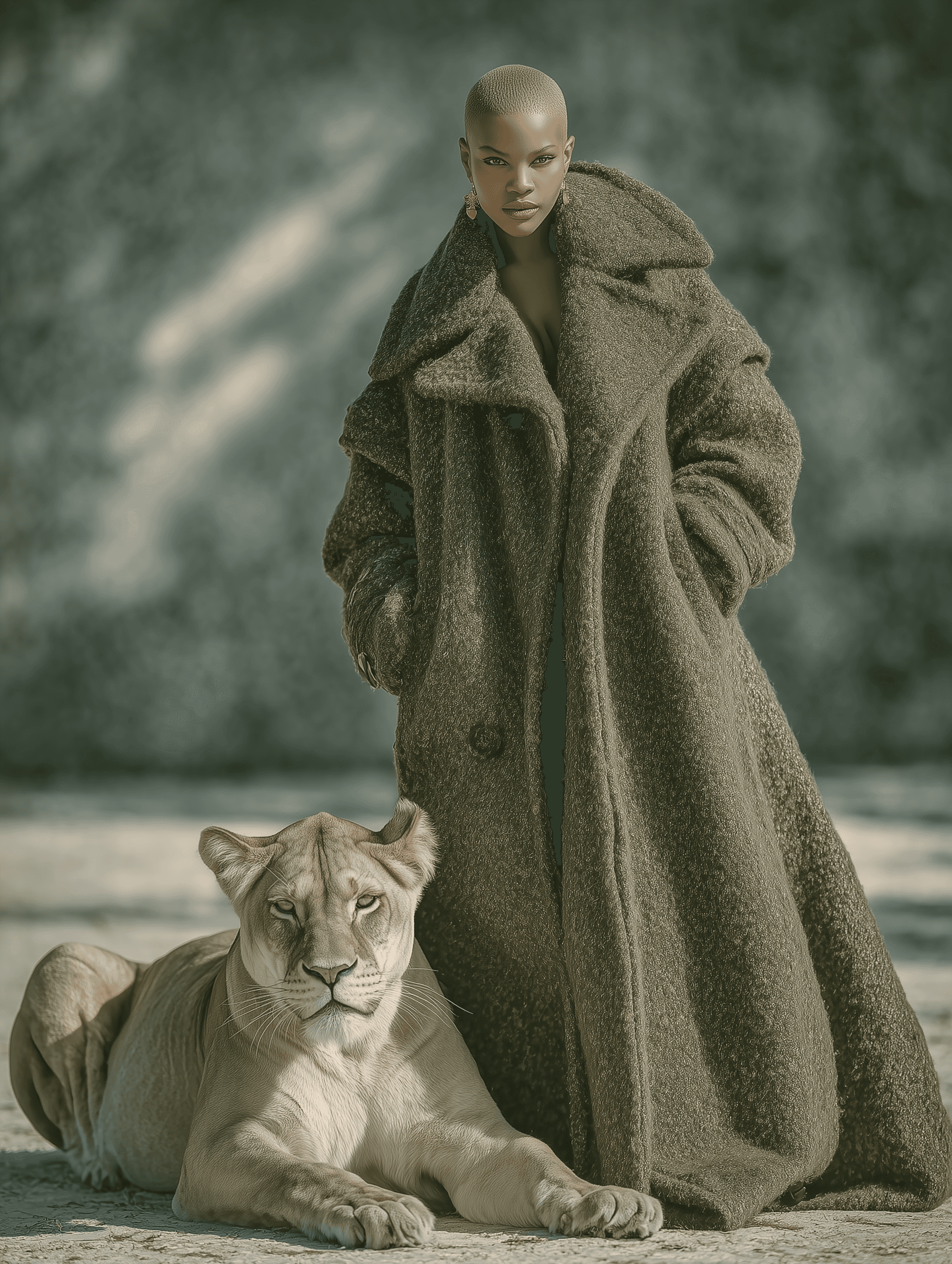 Bald woman in gray coat with a lioness.