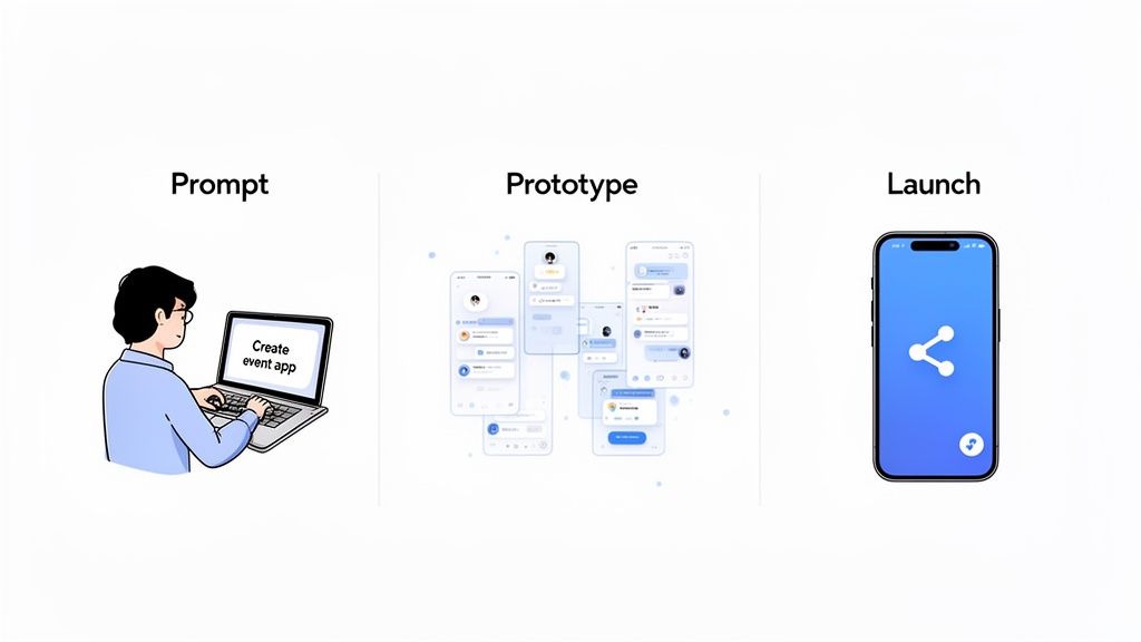 Illustrates the process of AI app creation: prompt, prototype, and launch of a mobile application.