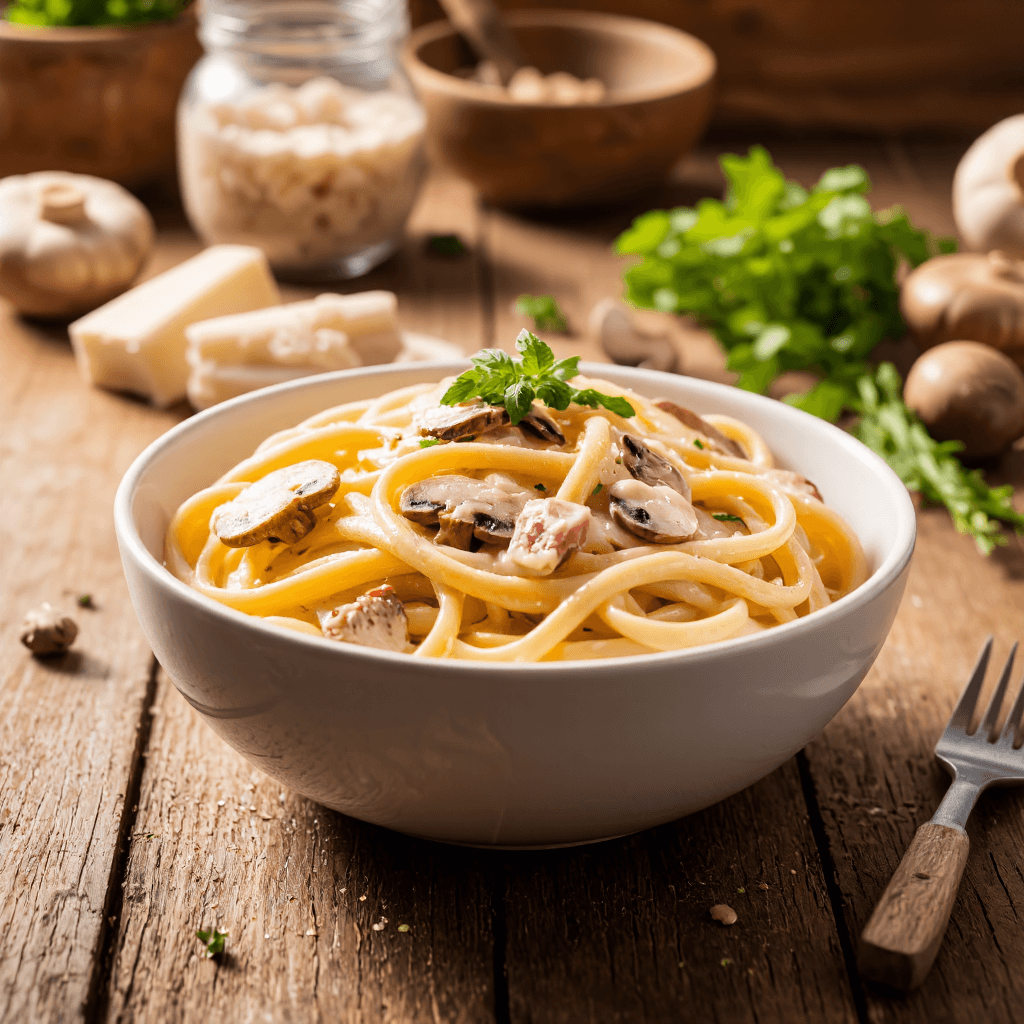 product photography of a bowl of creamy pasta with ham and mushrooms