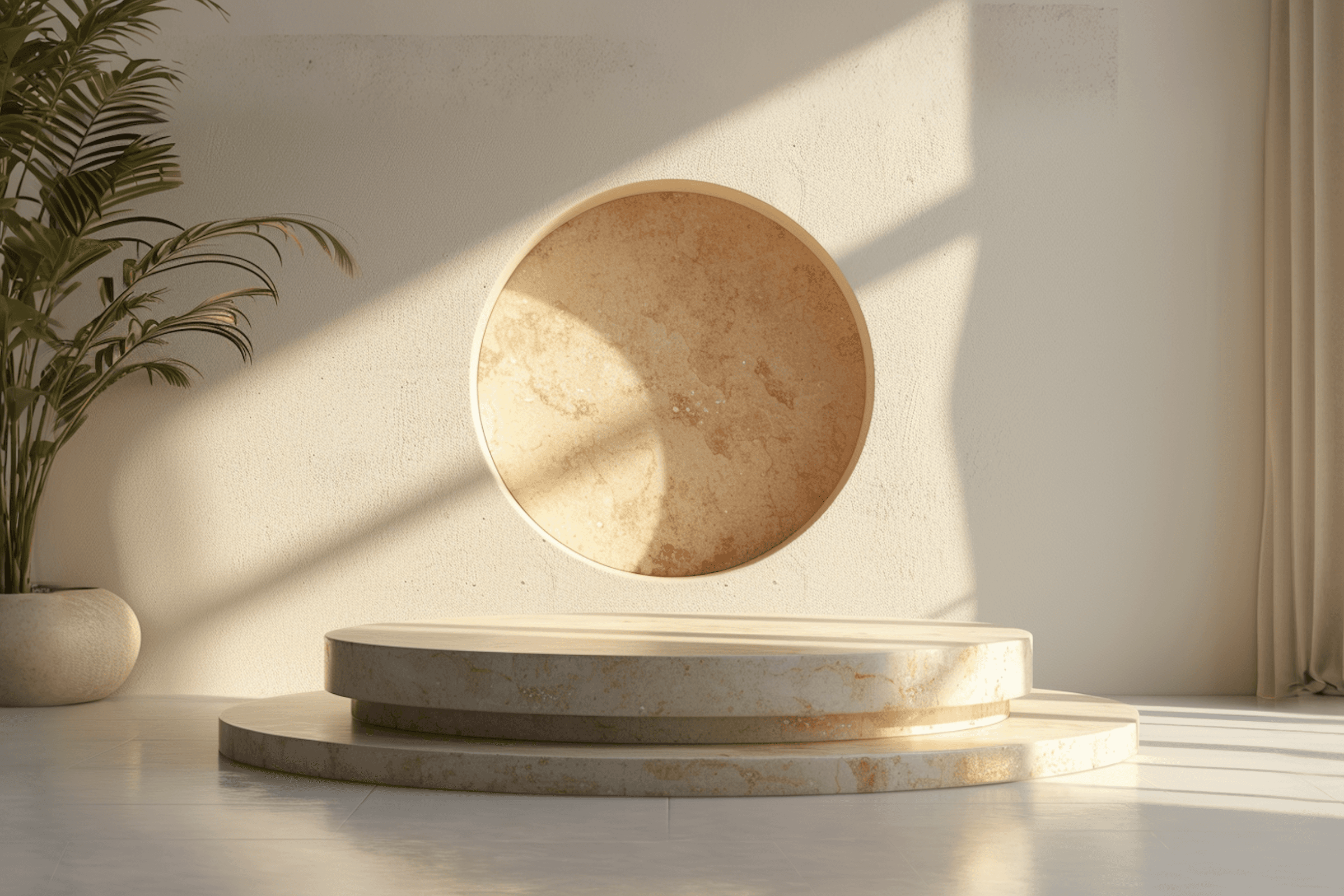 Minimalist scene with a circular stone sculpture set on light platforms, surrounded by neutral decor and a green potted plant, with soft sunlight casting gentle shadows.