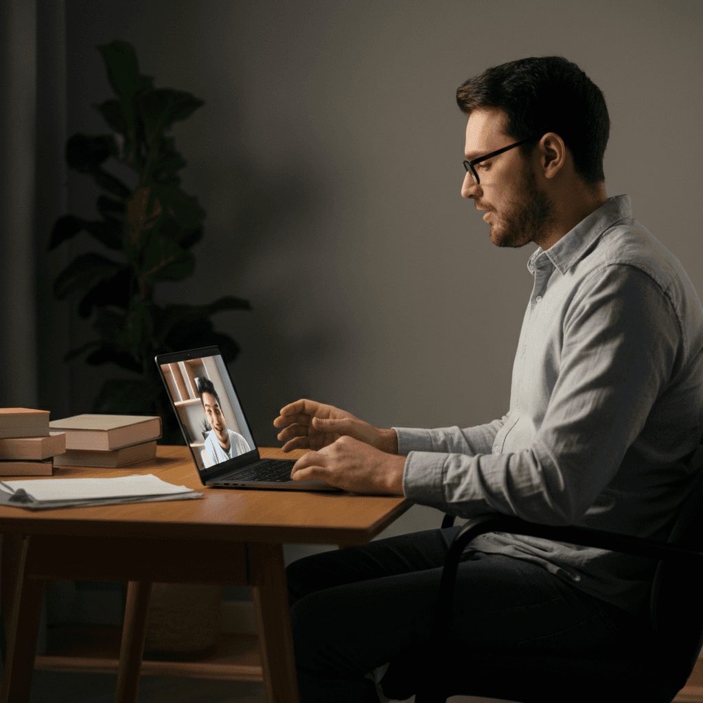 A man seeking therapy online through a video call.