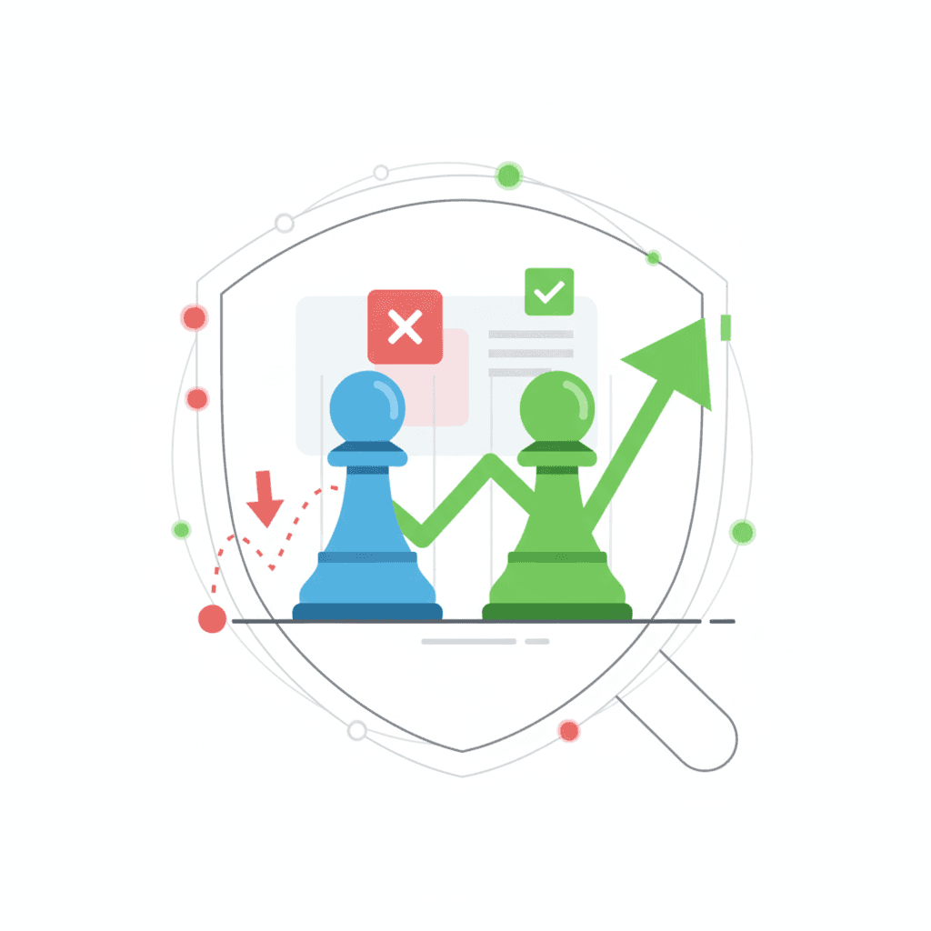 Competitive Analysis icon showing two chess pawns (blue and green) with the green pawn connected to a rising arrow and checkmark, all seen through a magnifying glass.