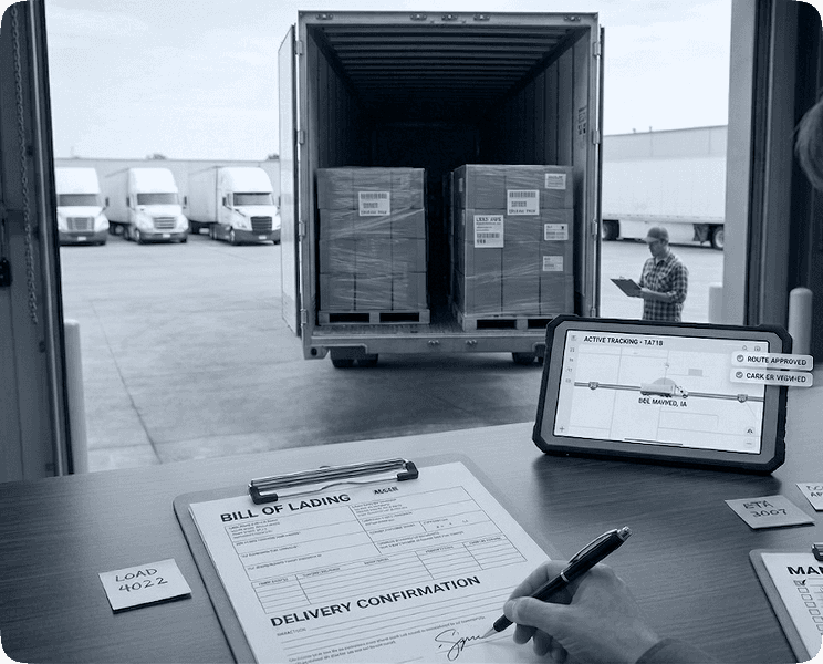 A logistics professional processes a bill of lading and delivery confirmation while monitoring freight shipments and active shipment tracking at a loading dock.