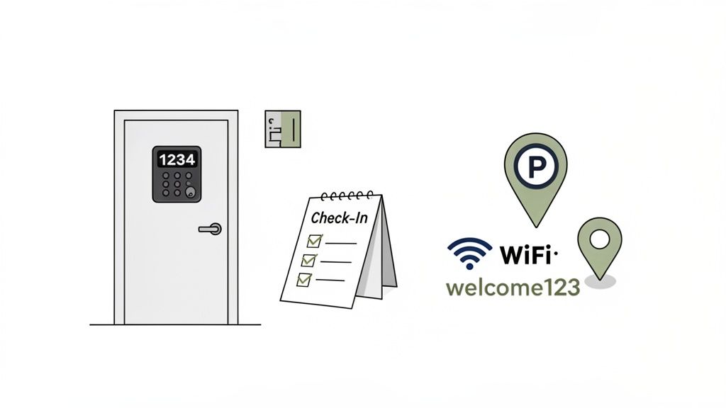 Illustration of a keyless entry door, check-in checklist, WiFi network, and parking location.