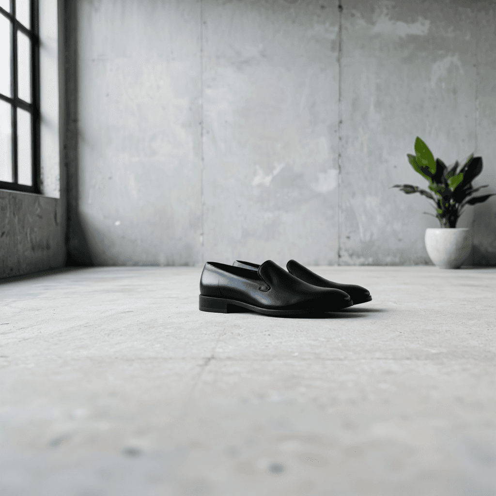 product photography of a pair of black slip-on shoes