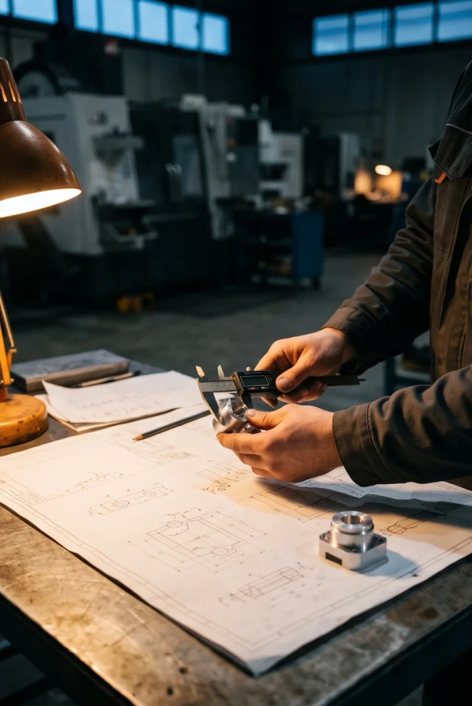 Hands hold a caliper to a small part on a drawing