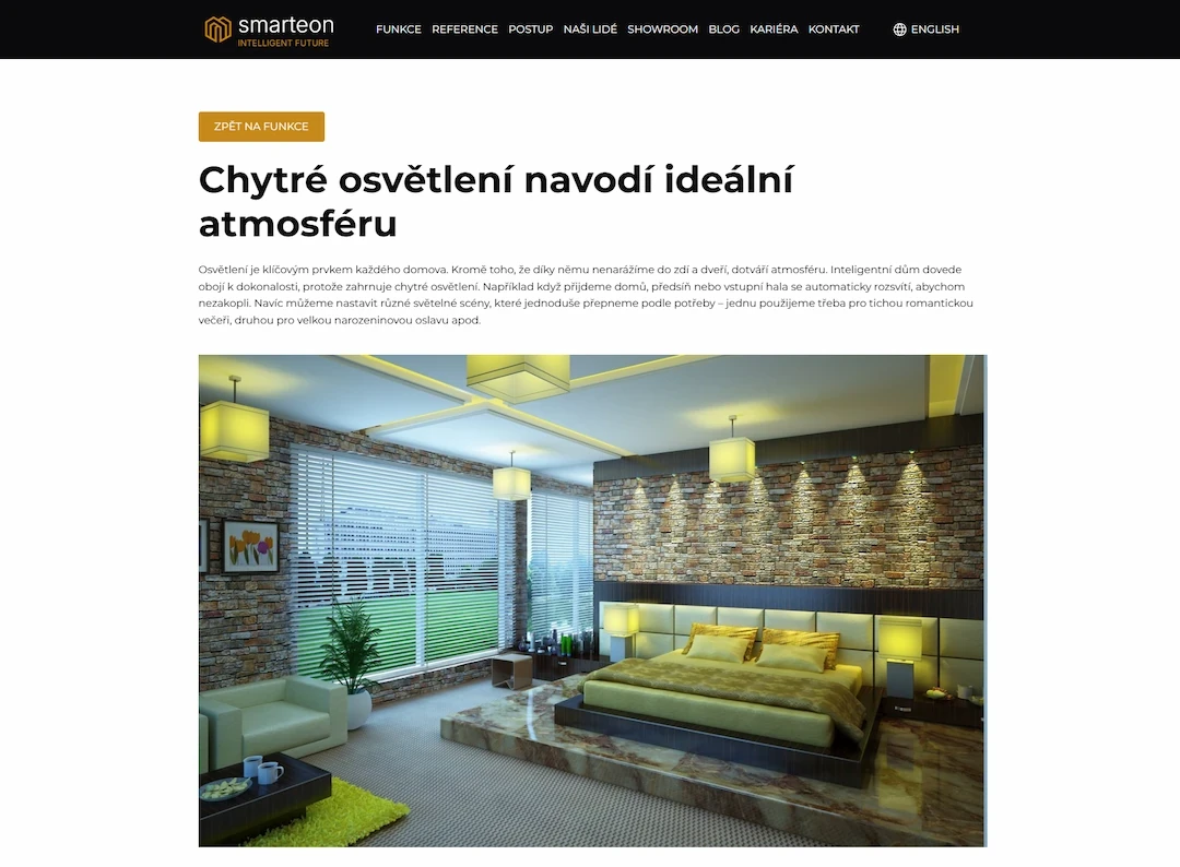 Ukázka čistého UI designu prezentační podstránky služeb chytrého osvětlení navržené na míru pro rychlý web ve Frameru.
