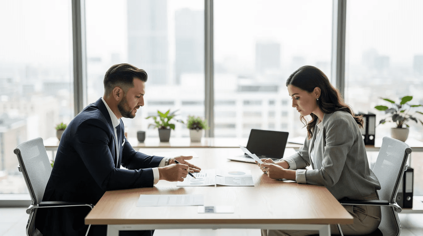 A financial advisor and client are seated across a desk in a bright office, reviewing financial documents such as income statements and retirement accounts. This initial meeting focuses on discussing the client's financial needs, goals, and risk tolerance to create a plan for their financial future.