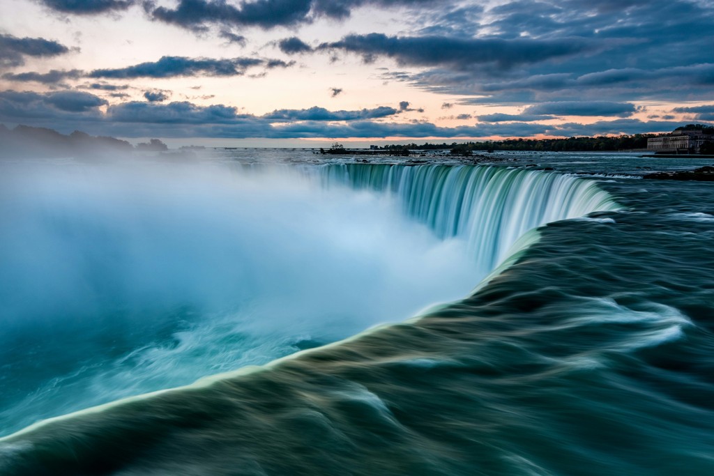 A waterfall after sunset