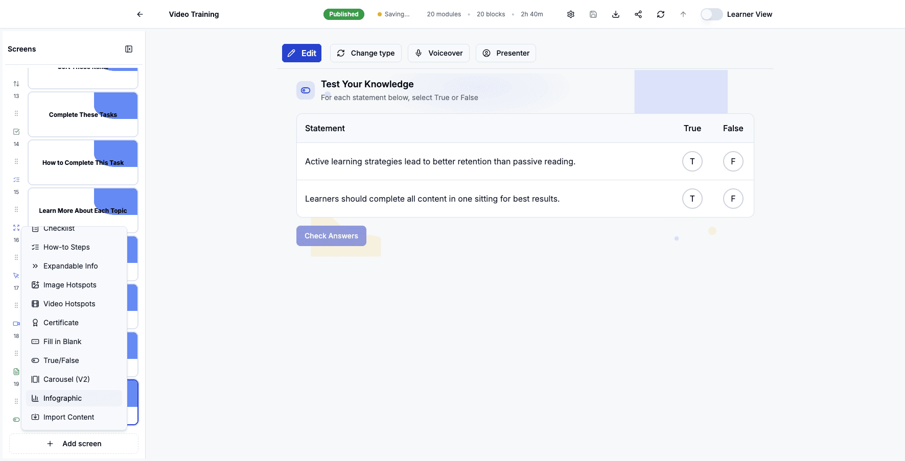Select Infographic to add visually designed information displays that present data attractively.