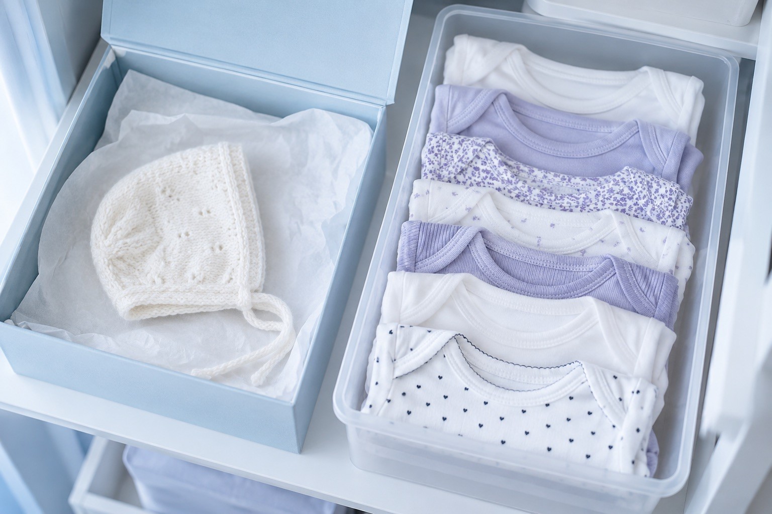 Un bonnet blanc dans une boîte à souvenirs bleue, séparé de vêtements de bébé pliés dans un bac transparent.