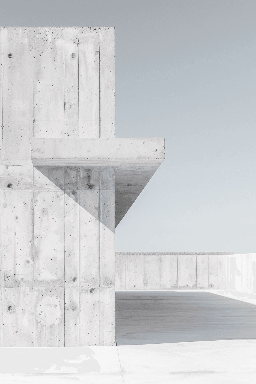 A pale concrete wall with a sharp cantilever juts over a smooth courtyard, set against a soft blue-gray sky, embodying minimalist brutalist design.