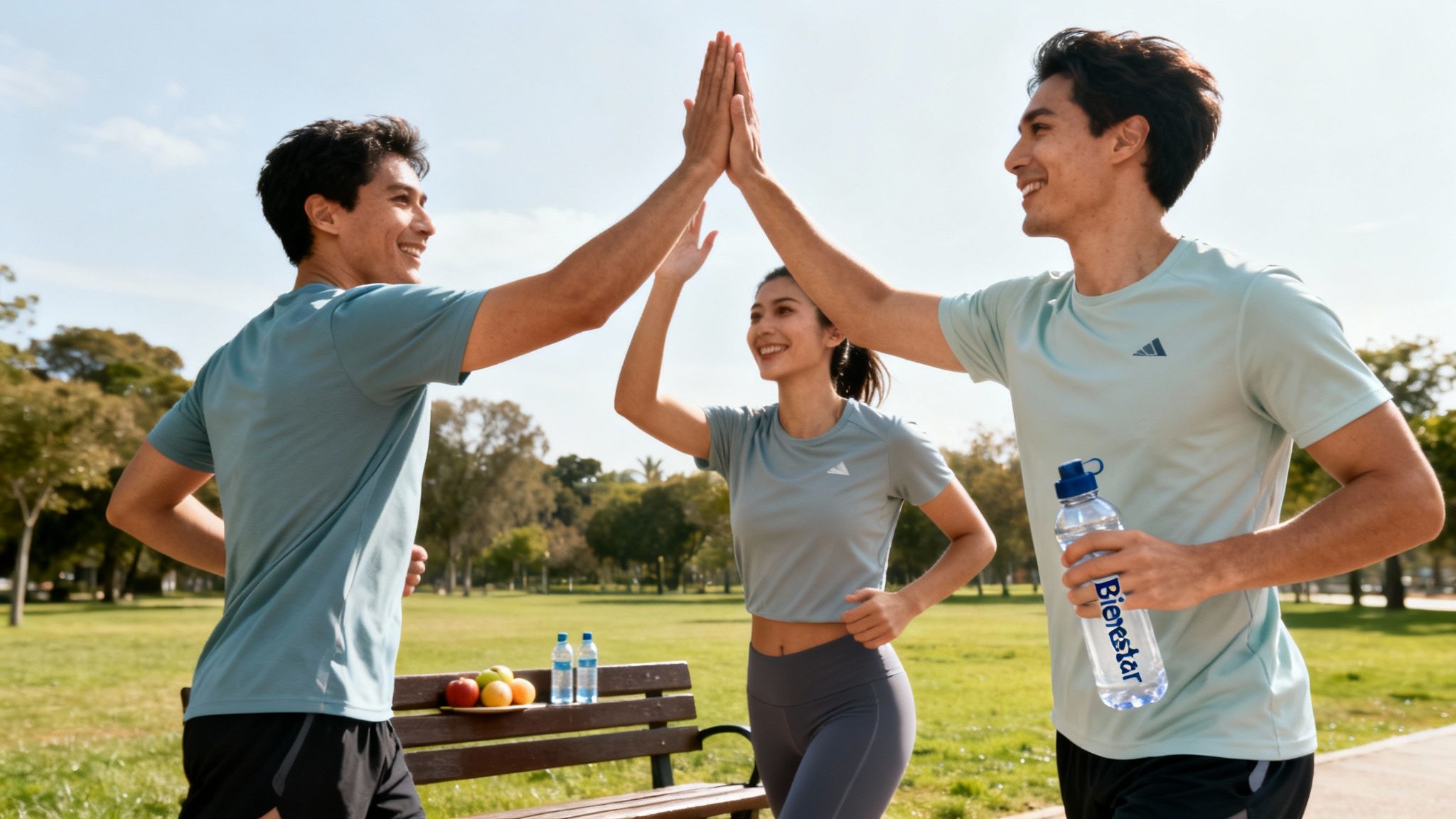 Tres amigos sonrientes con ropa deportiva haciendo ejercicio al aire libre, celebrando con un 
