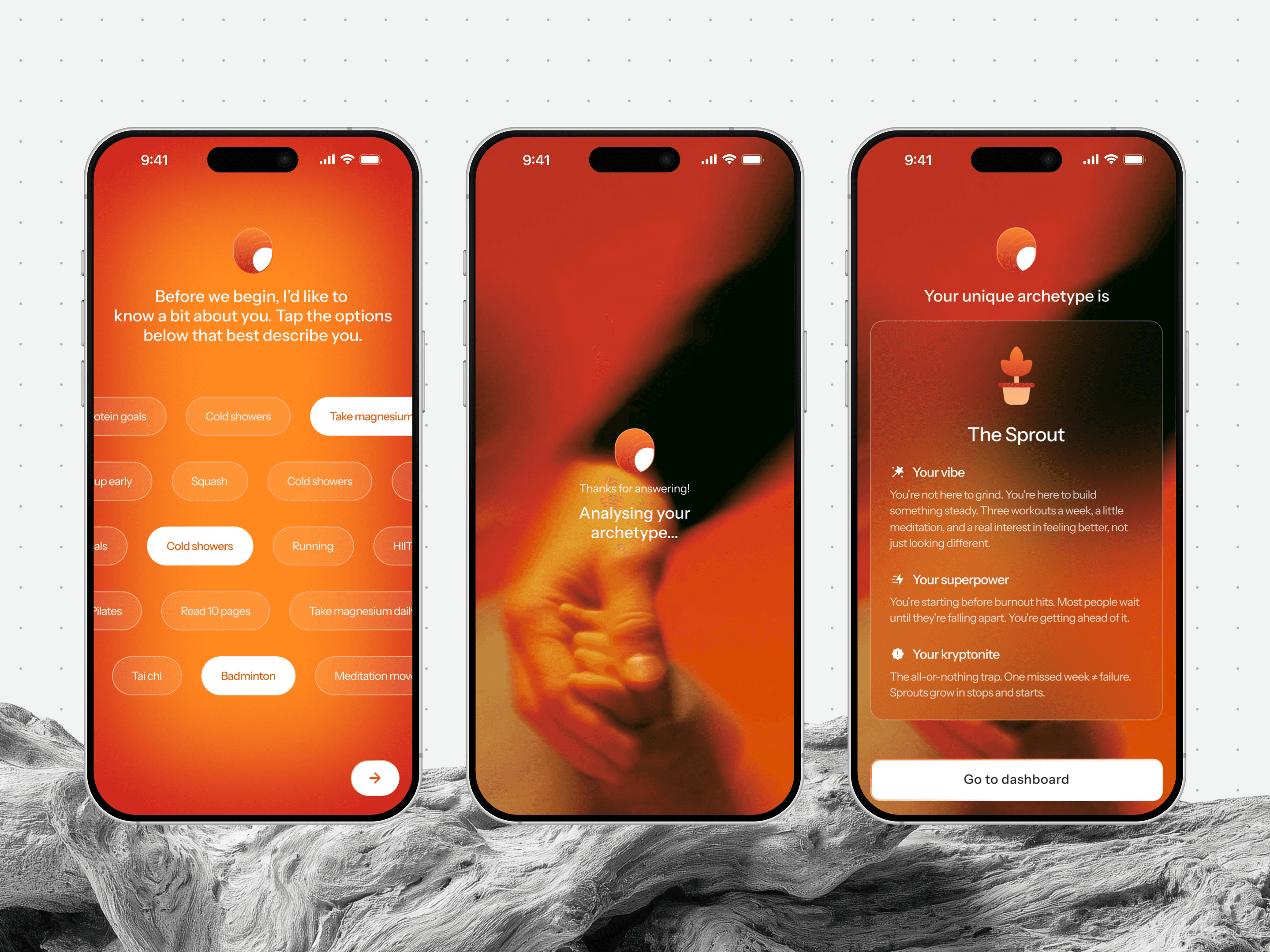 A short onboarding turns a few taps about habits into an archetype, The Sprout, summed up as a vibe, a superpower and a kryptonite.