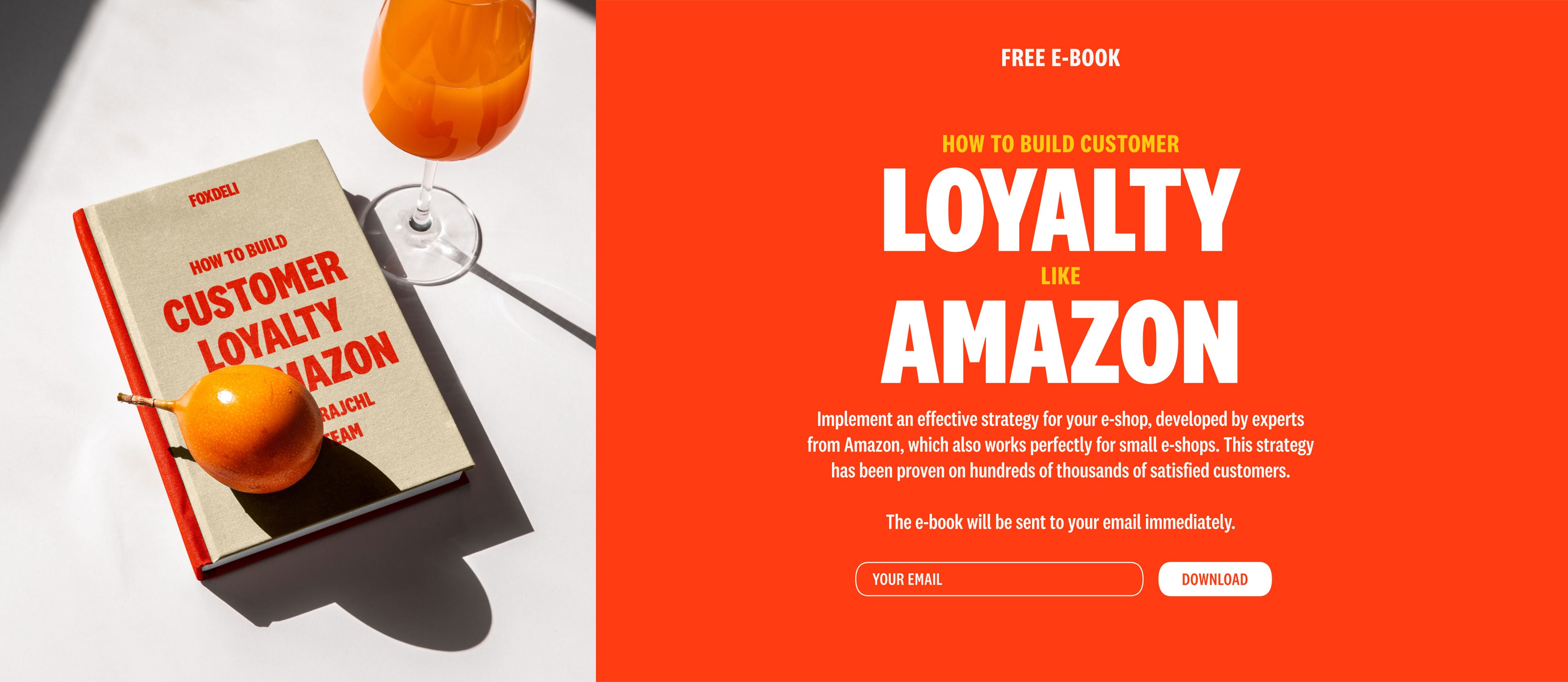 Screenshot from the Foxdeli website showing the "How to Build Customer Loyalty Like Amazon" e-book download section