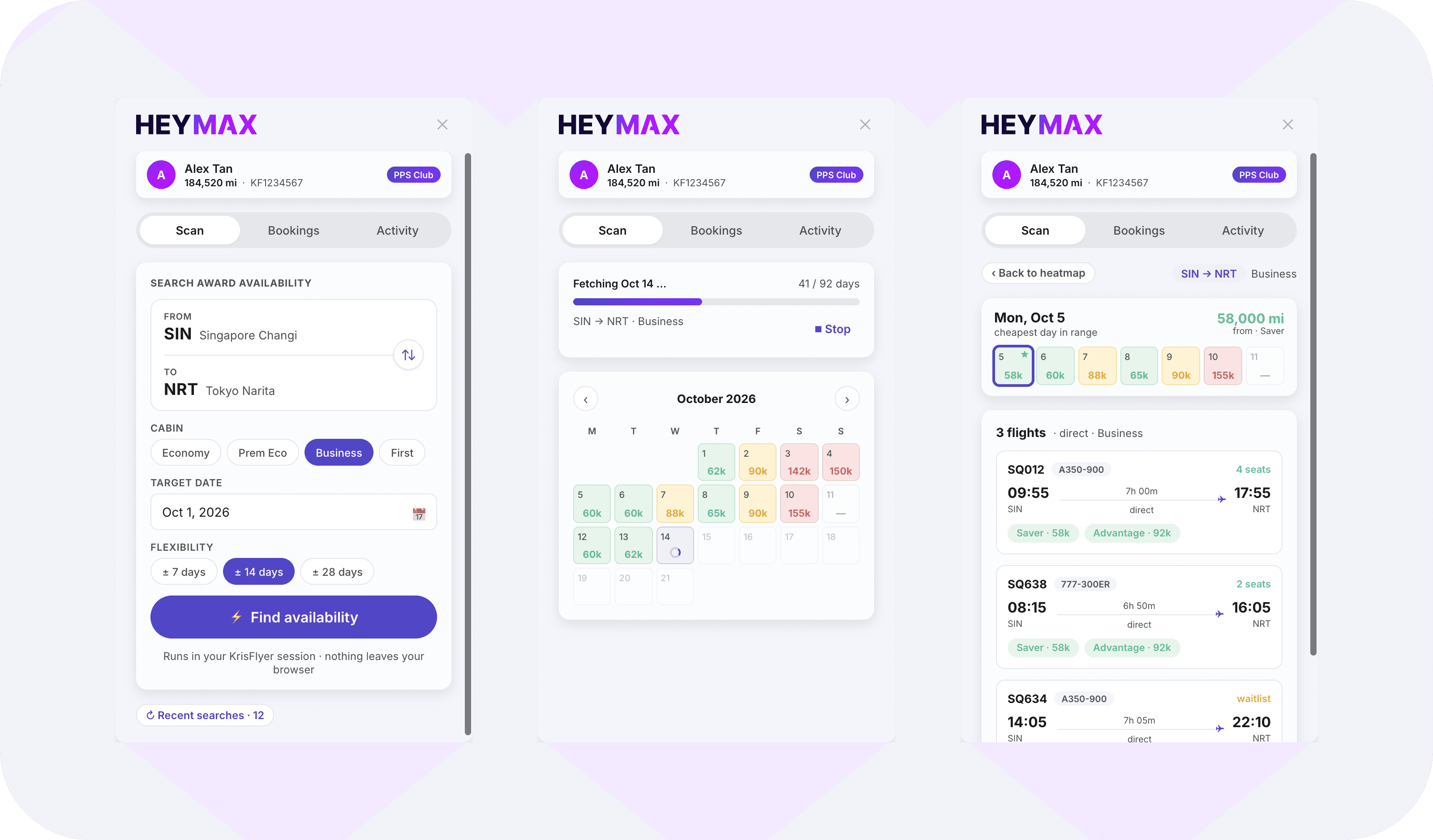 Award Companion showing award search setup, a month-long availability heatmap and flight results