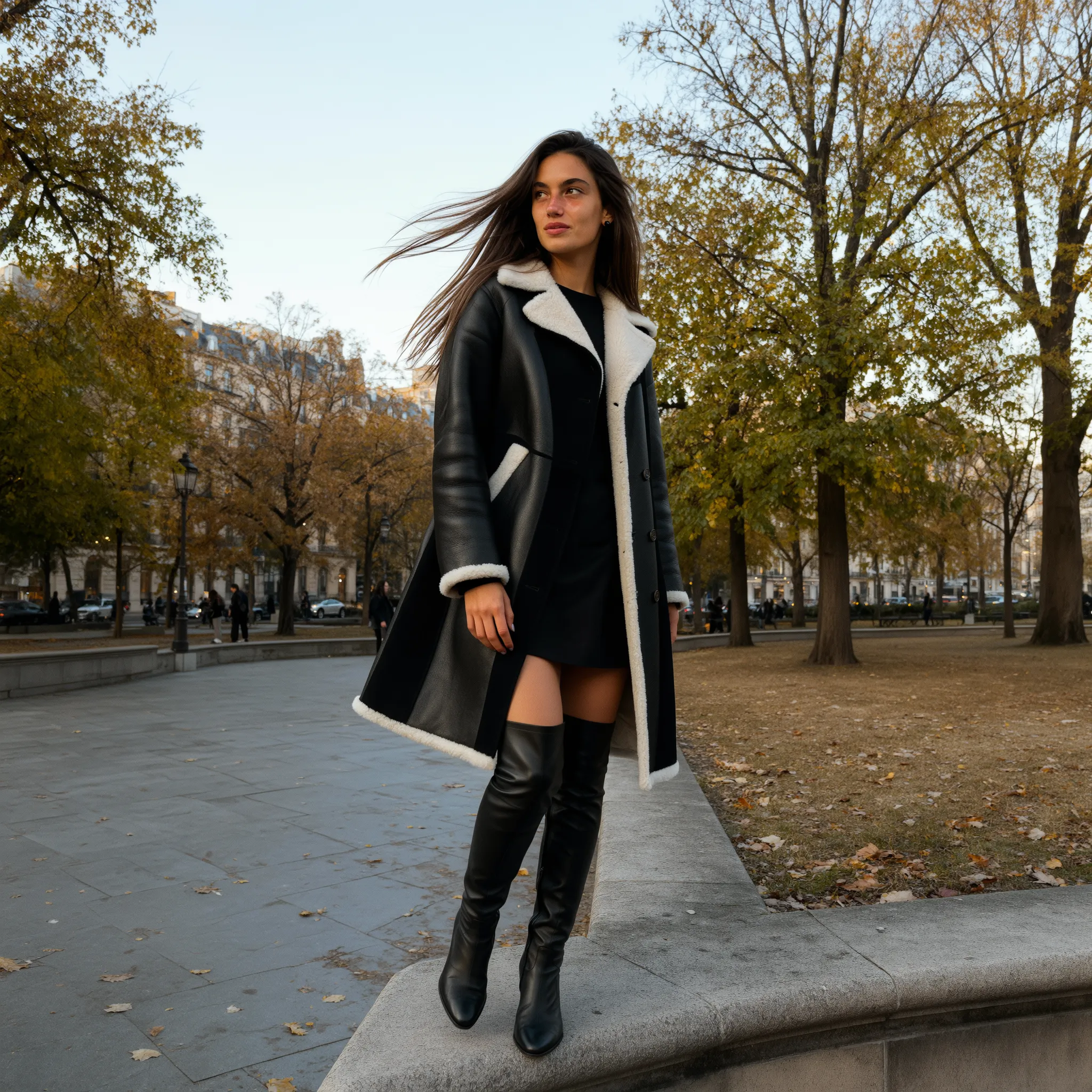 Weibliches KI-Model in schwarzem Wintermantel und Overknee-Stiefeln posiert stilvoll in herbstlicher Parkkulisse – hochwertiger AI-Fashion-Content für Mode-, Lifestyle- und Editorial-Projekte.