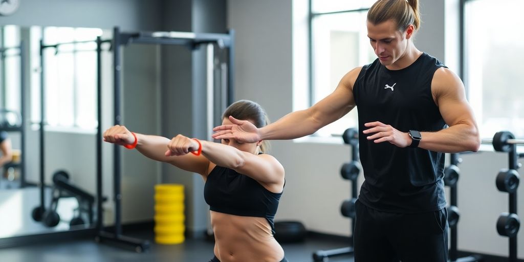 Trainer assisting client with exercise in gym.